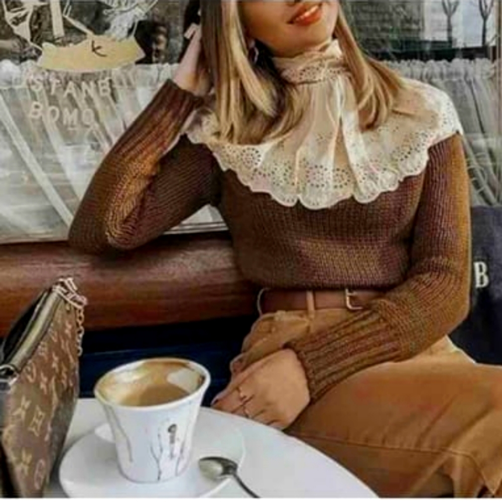 Contrasting Embroidery Sweater Large Brown Cream Cottagecore Wool Blend